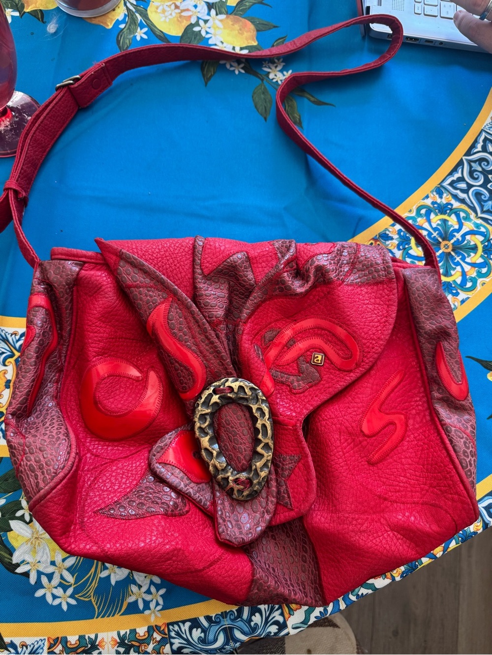 Women's Red Leather Shoulder Bag with Decorative Oval Buckle